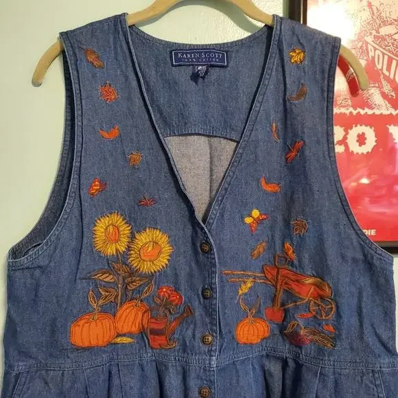 Vintage 90s Cottagecore Sunflower Fall Autumnal Denim A Line Maxi Dress - Picture 5 of 15